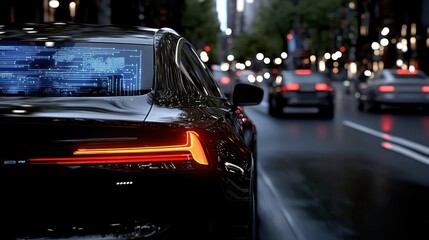 Fototapeta premium Autonomous vehicles navigating a busy city street with AI algorithms displayed.