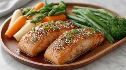 Honey garlic glazed salmon with sesame seeds and green onions,