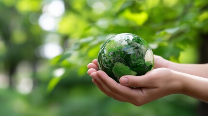 Hands holding a green Earth in nature, representing ESG values, tax and law impact on sustainability, and the importance of renewable resources