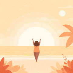 flat vector illustration of woman doing yoga poses on tropical beach at sunset with palm trees and ocean waves peaceful wellness practice for mindfulness and relaxation outdoor exercise balance scene