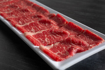 A view of a plate of raw beef slices.