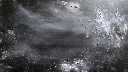 Worn chalkboard with faded chalk marks and fine chalk dust particles scattered across the surface.