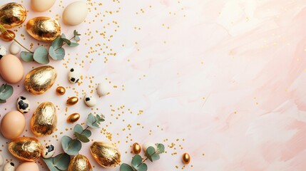 Minimal Easter composition light pink background with golden foil eggs quail eggs eucalyptus leaves and subtle gold confetti High angle shot with negative space and natural lighting