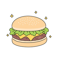 Cheeseburger with lettuce and beef patty. Simple and fun cartoon style. Perfect for food-related designs, menus, fast food ads, or children’s projects. Vector illustration isolated on white.