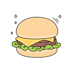 Cheeseburger with lettuce and beef patty. Simple and fun cartoon style. Perfect for food-related designs, menus, fast food ads, or children’s projects. Vector illustration isolated on white.