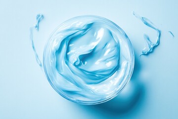 strokes of light blue cosmetic gel on glass, close-up texture of skincare product, concept of beauty industry, dermatology clinics, spa and wellness centers