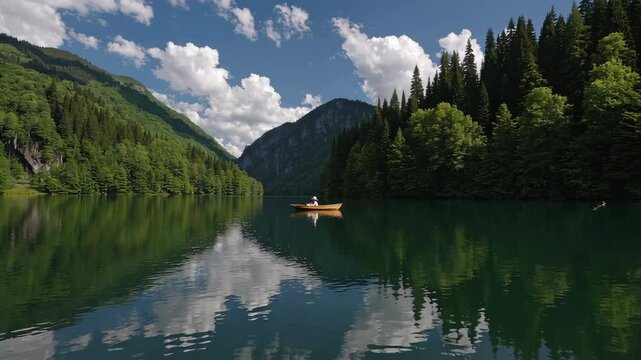 Fisherman enjoying peaceful rowing in scenic mountain lake