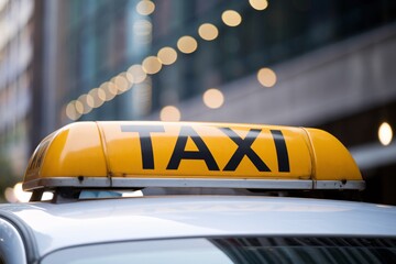 The top of a yellow taxi with a sign on its roof, ready for passengers in the city.