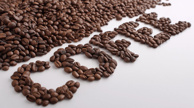 COFFEE. A collection of Arabica coffee beans arranged in the shape of the word "COFFEE", the coffee beans seem to be folded by hand, coffee beans isolated on white background