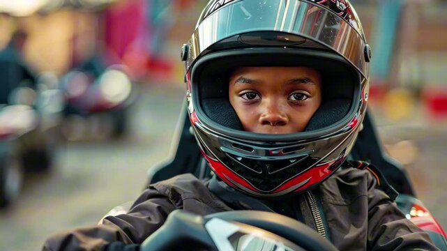 Focused boy in black helmet driving a go-kart on outdoor track in soft afternoon light. Concept of childhood thrill and beginner motorsport