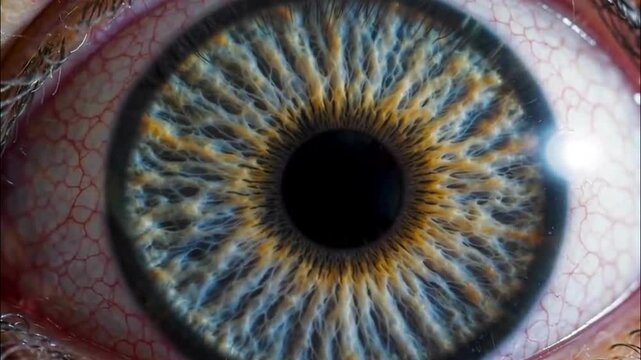 A macro view of a human's cornea; a detail view of dilated pupil and iris; a close up view of a human eyeball; vision and eyesight; health and science; a scary view of the human eye movement