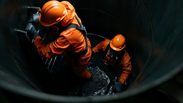 Two workers wearing hazmat suits and helmets operate inside a dark sewer tunnel, conducting inspection or maintenance in hazardous conditions.