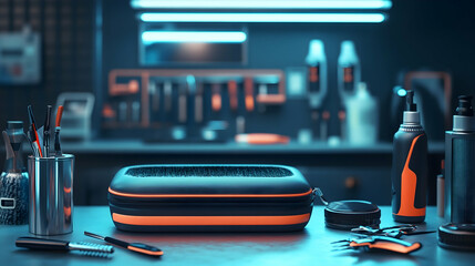 Stylish barber tools neatly organized in a sleek carrying case.  The vibrant blue and orange tones create a modern and professional atmosphere.
