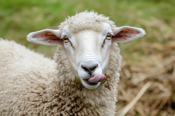 Fototapeta premium Sheep with its tongue out in a field of green grass.