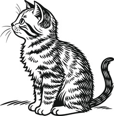 Hand-Drawn Illustration of a Cute Sitting Striped Cat in Profile View