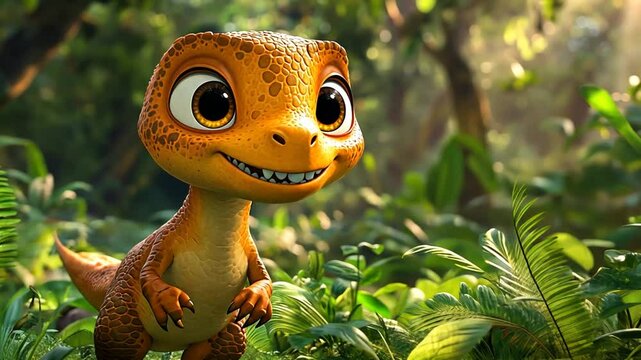 Adorable Baby Dinosaur Discovering Nature: A Heartwarming Animated Clip for Stock Use