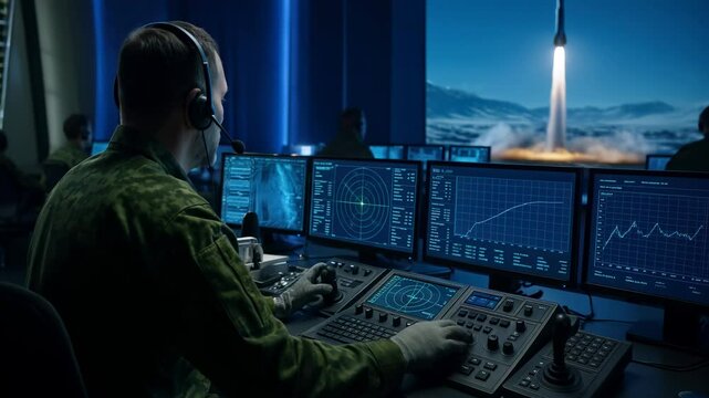 Soldier operating advanced monitoring systems in a military command center during a rocket launch, with multiple screens and radar data.