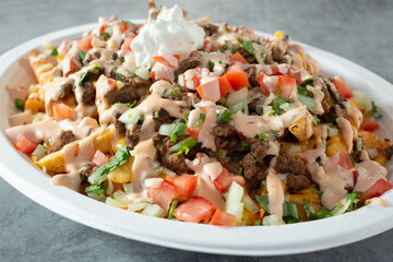 A view of a plate of carne asada fries.