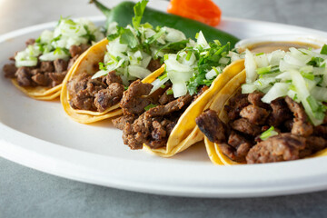 A closeup view of some carne asada tacos.