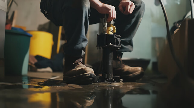 Plumber installing sump pump in basement. Featuring sump pump installation