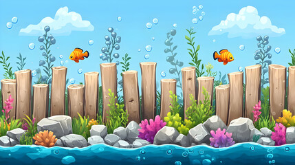 Vibrant Pixel Art Underwater Scene with Orange Fish and Lush Coral Reef Displaying a Rich Aquatic Ecosystem with Bubbles and Cloudy Sky