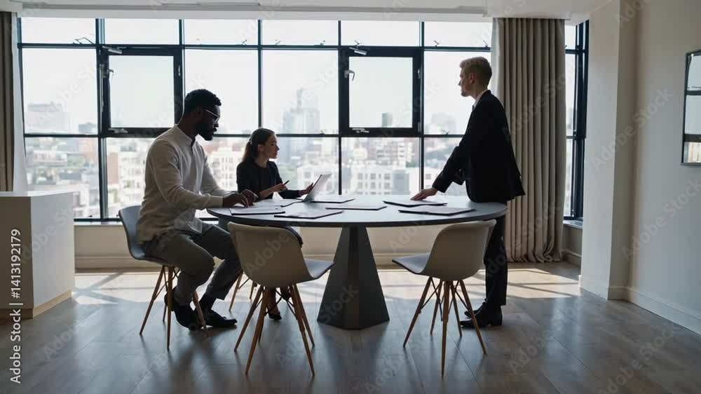 Poster diverse team of business professionals collaborates around a circular table in a modern office space