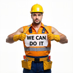 Construction Worker Showing 'We Can Do It' Sign in Studio  