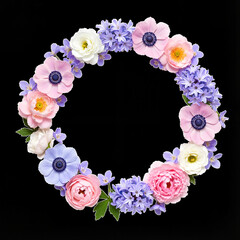 Floral wreath design with colorful flowers isolated on a white background  