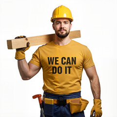 Confident male worker holding wood plank against white background  