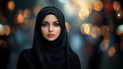 Portrait of a Muslim woman in full black hijab, conservative dress style, black abaya and hijab, modest wear, cultural and religious expression.