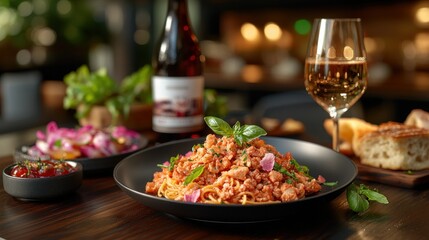 Delicious pasta dish served with wine and bread