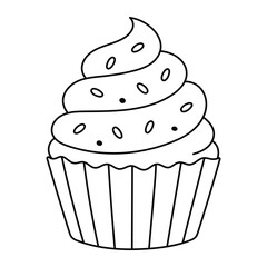 Cupcake vector illustration. Hand-drawn doodle style sweet dessert with frosting and sprinkles. Black line art isolated on white background.