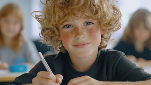Engaged schoolboy with curly hair focused on writing during class in a bright classroom setting