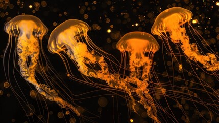 Orange Jellyfish in Aquarium with Sparkling Background