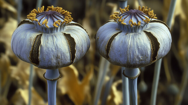Purple poppy flowers and mature seed heads growing in a field in Germany. Close-up view of papaver somniferum used in traditional medicine and opiate production. Concept of natural