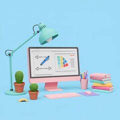  a pink and white computer setup on a light blue background