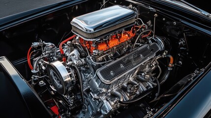 Fototapeta premium A legendary Hemi engine, powerful and ready to roar inside a drag car --ar 16:9 --v 6.1 Job ID: 54e604ba-d003-4625-949c-d3fbe1f28b24