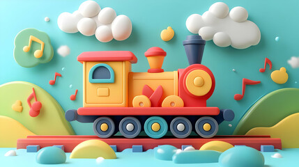 Vibrant Toy Train on Red Track with Musical Notes and Fluffy Clouds Against Light Blue Background Playful and Whimsical Three Dimensional Scene