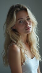 Fototapeta premium This captivating portrait features a young woman with long, wavy blonde hair cascading over her shoulders, illuminated by gentle, natural light. Her soft expression and delicate features evoke a sense