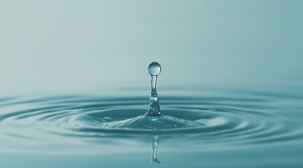 Water droplet falling into water creating ripples against a light blue background.