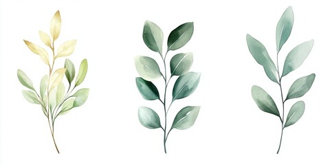 Elegant watercolor painting of three leafy branches in soft green shades.
