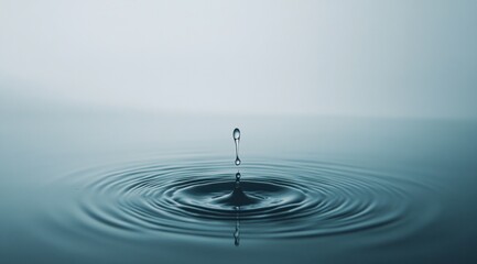 Water drop creates ripples in a calm blue liquid surface.