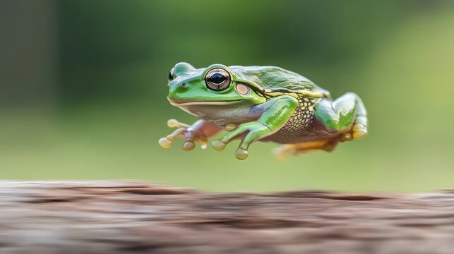 Green Tree Frog Mid-Leap on Wooden Log, Macro Wildlife Shot with Vibrant Colors and Sharp Detail - Powered by Adobe