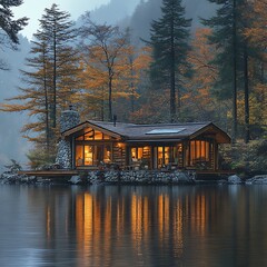 Fototapeta premium Lakefront Log Cabin Retreat Surrounded By Autumn Forest Photo
