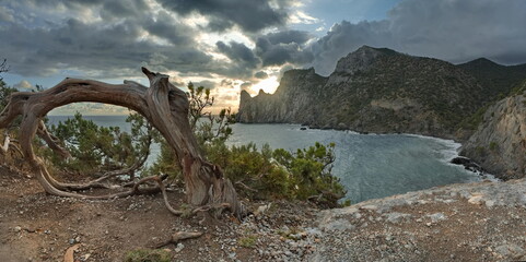 Fototapeta premium Russia, Novy Svet. Stunning sunset view from Cape Kapchik to the surrounding bay of the Crimean Peninsula.