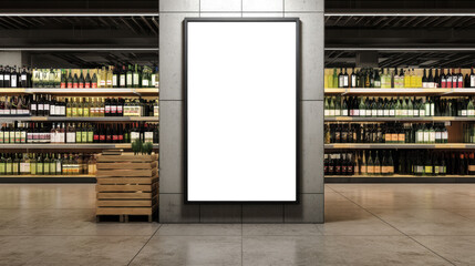 Blank ad panel mockup on wine shelf in supermarket