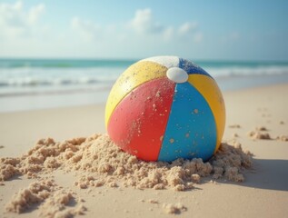 Obraz premium inflatable beach ball half-buried in fine sand 