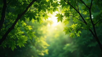Fototapeta premium Lush green forest canopy with sunlight filtering through leaves