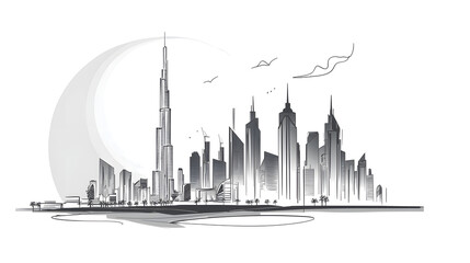 Obraz premium A city skyline with a tall building in the middle. Generated using AI.