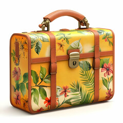 Vintage Yellow Floral Suitcase with Leather Straps and Handle Isolated on White Background for Travel and Decoration